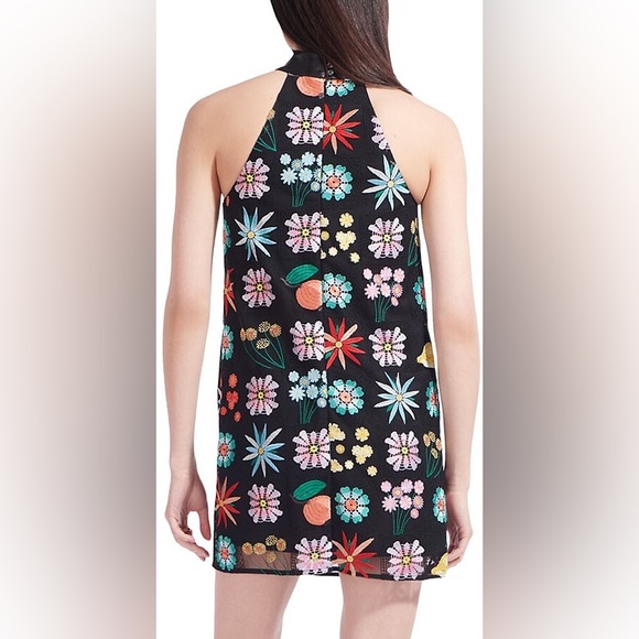 STAUD Sicily Georgette Mini Dress Black Multi Floral Patchwork Size 10 - Picture 3 of 9